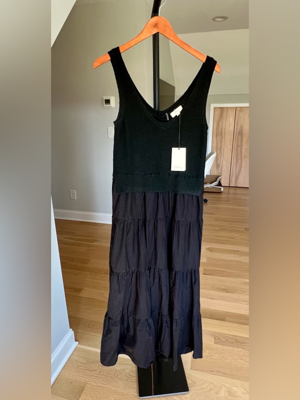Elan Black V-Neck Knit Bodice Tiered Maxi Dress, Size Large